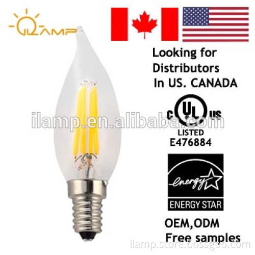 CA10 Milky Flame Tip 25000 Life Hours 360 Lumens Candelabra Base led filament bulb
